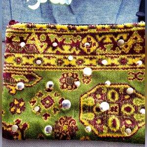 Moroccan Olive Green Studded Patterned Carpet Wristlet Clutch NWT